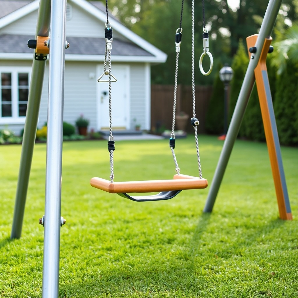 Sélection des meilleures balançoires enfant jardin avec structure 3-en-1 en acier galvanisé et bois, incluant balançoire, trapèze et anneaux, idéale pour développer la motricité, installation sécurisée avec zone de sécurité de 2 mètres.