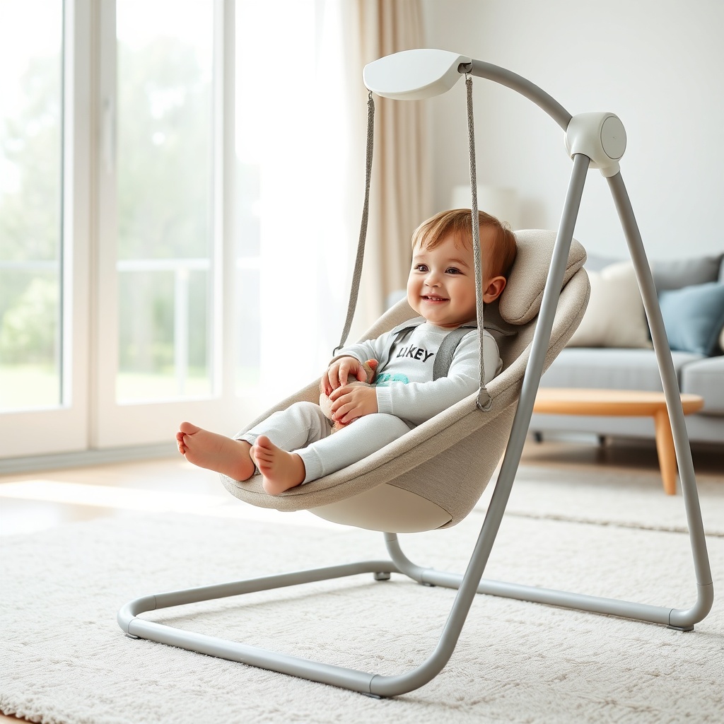 Balançoire bébé d'intérieur pliable avec siège rembourré et harnais, utilisée par un jeune enfant dans un salon lumineux