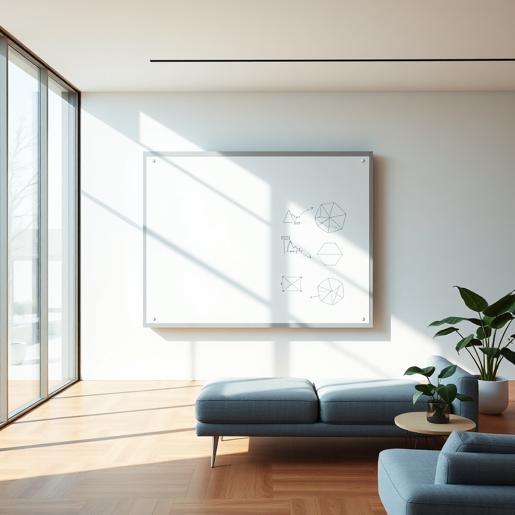 Gagnez De L'espace Au Bureau Avec Un Tableau Blanc Un tableau blanc coulissant monté sur rails au plafond dans un espace de travail moderne, montrant deux panneaux superposés qui glissent horizontalement pour optimiser l'espace et faciliter la visualisation progressive des idées.