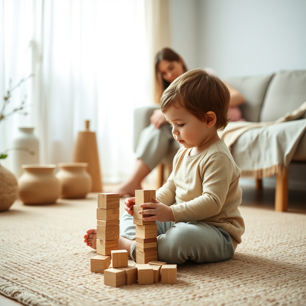 Enfant développant sa concentration et son indépendance grâce à la pédagogie Montessori à la maison tandis que le parent observe avec bienveillance