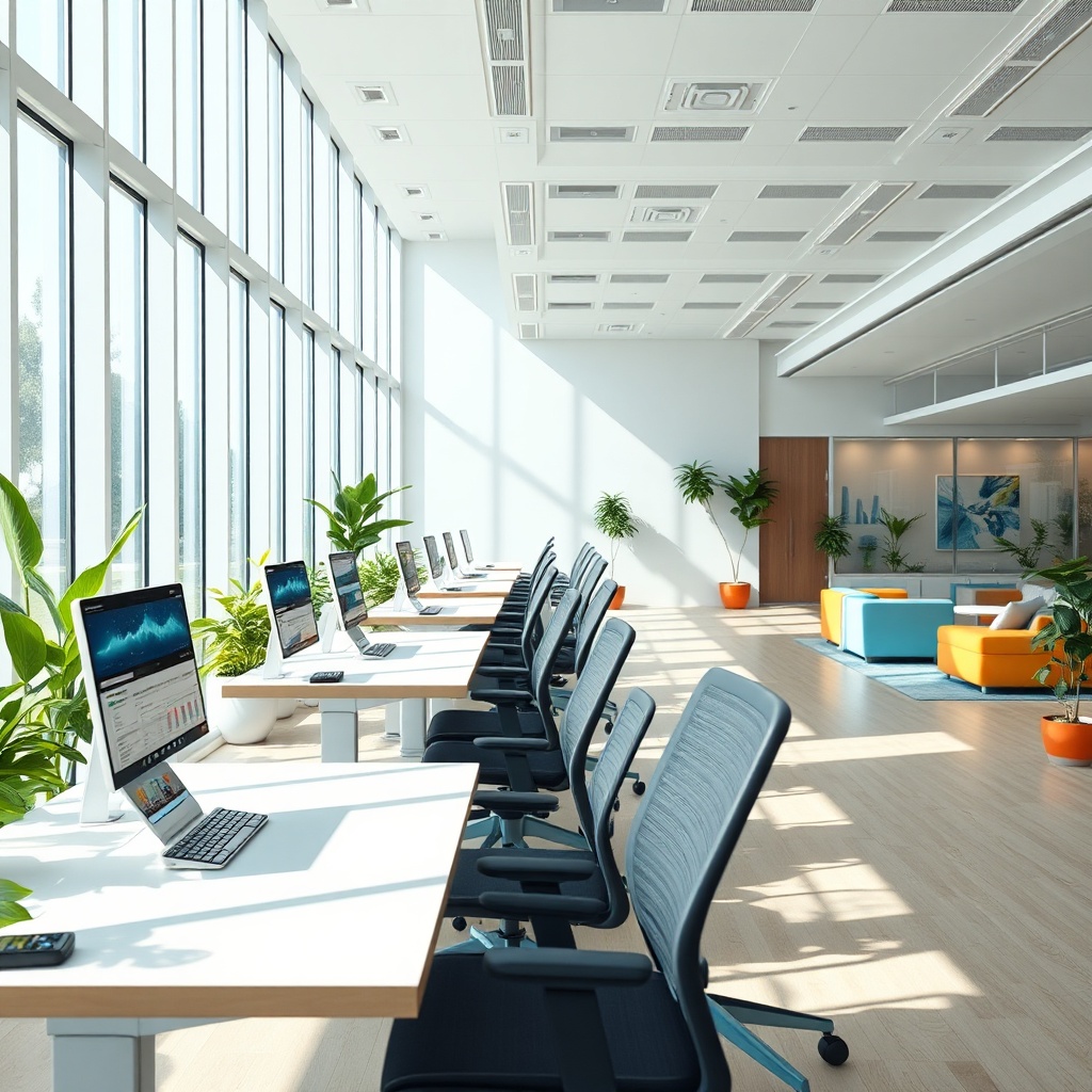 Mobilier de bureau moderne et ergonomique avec bureaux assis-debout, capteurs intelligents et éclairage naturel, illustrant l'évolution du mobilier de bureau vers le bien-être et la connectivité