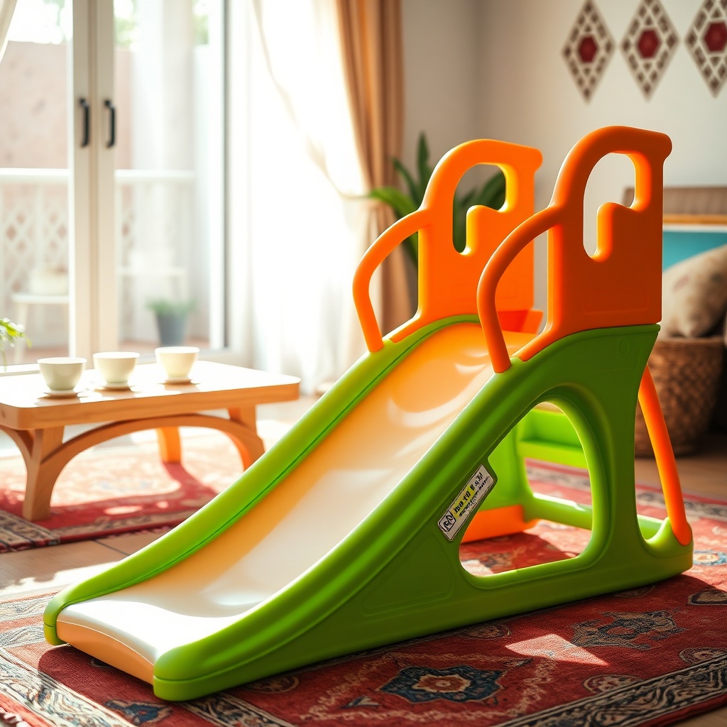Toboggan enfant maroc en plastique rotomoulé certifié EN 71 avec protection UV, exposé dans un intérieur marocain décoré de tapis et de thé à la menthe