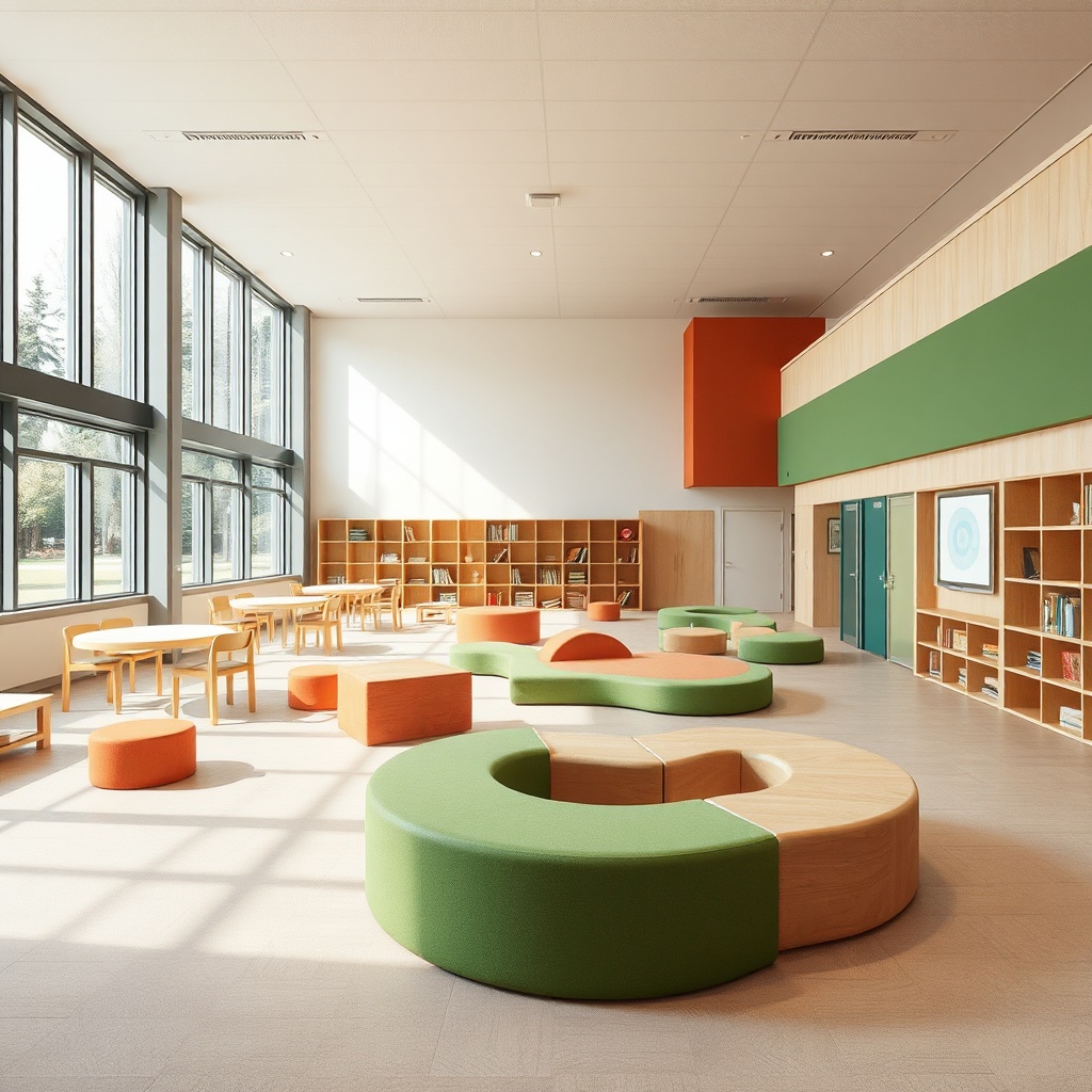 Comment Choisir Son Équipement École Maternelle ? Équipement école maternelle moderne composé de mobilier modulable et antidérapant pour les activités motrices et sensorielles, aux finitions saines et durables