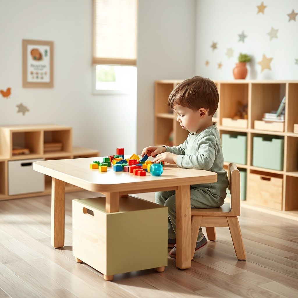 Enfant développant sa motricité fine sur du mobilier maternelle durable et facile d'entretien dans un atelier créatif adapté à la petite enfance