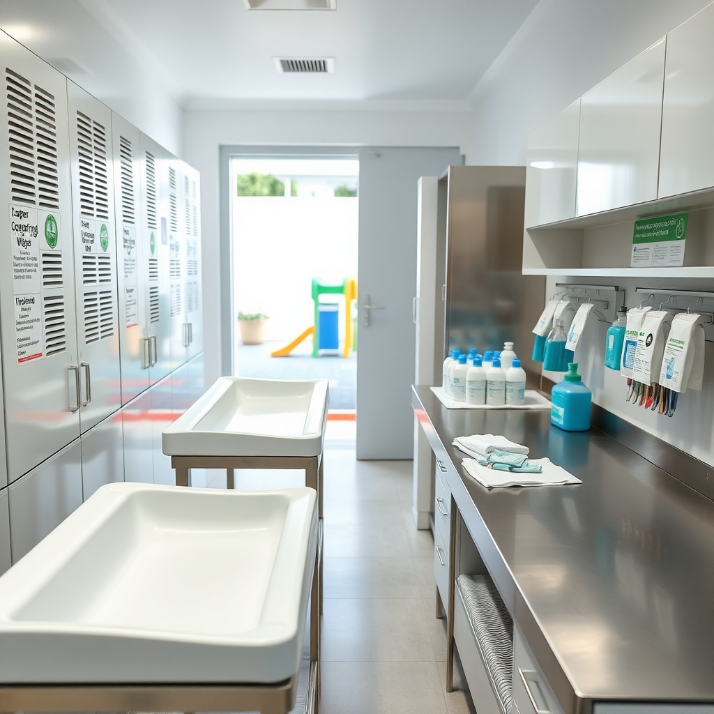 Équipement crèche Maroc dédié à l'hygiène et aux soins infantiles : tables de change sécurisées, rangements sanitaires étiquetés et zone de préparation stérile respectant les réglementations locales pour la petite enfance.