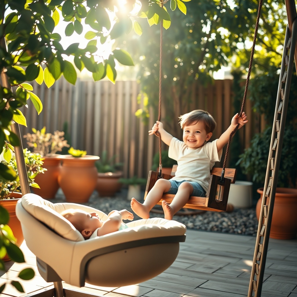 Illustration de balançoire bébé vs enfant opposant l'apaisement et le maintien sécurisé des tout-petits au jeu actif et au développement moteur autonome des enfants plus âgés.