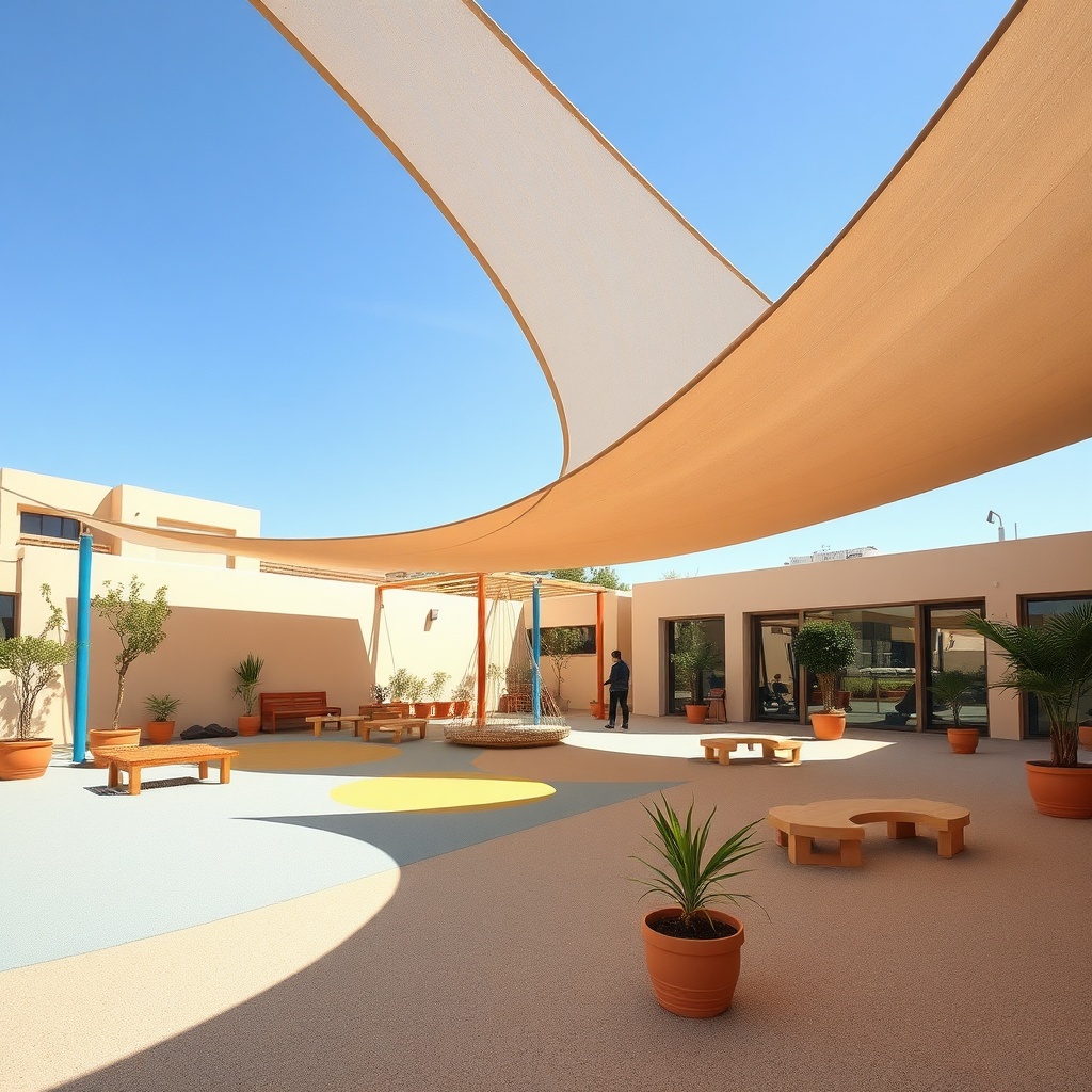 Zone extérieure d’équipement école maternelle Maroc intégrant jeux sécurisés, protection solaire et revêtements adaptés au climat local.