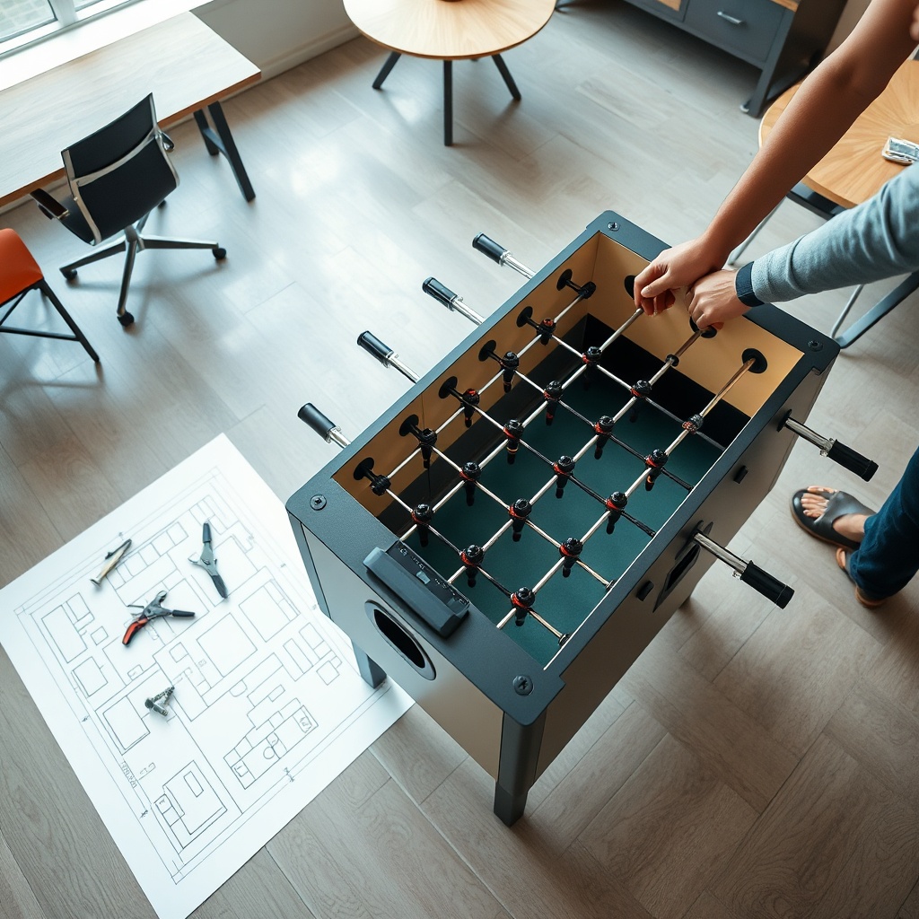 Installation d'un babyfoot en coworking : assemblage d'une table compacte avec plan d'aménagement et outils, montrant l'étape technique de mise en place dans un espace partagé.