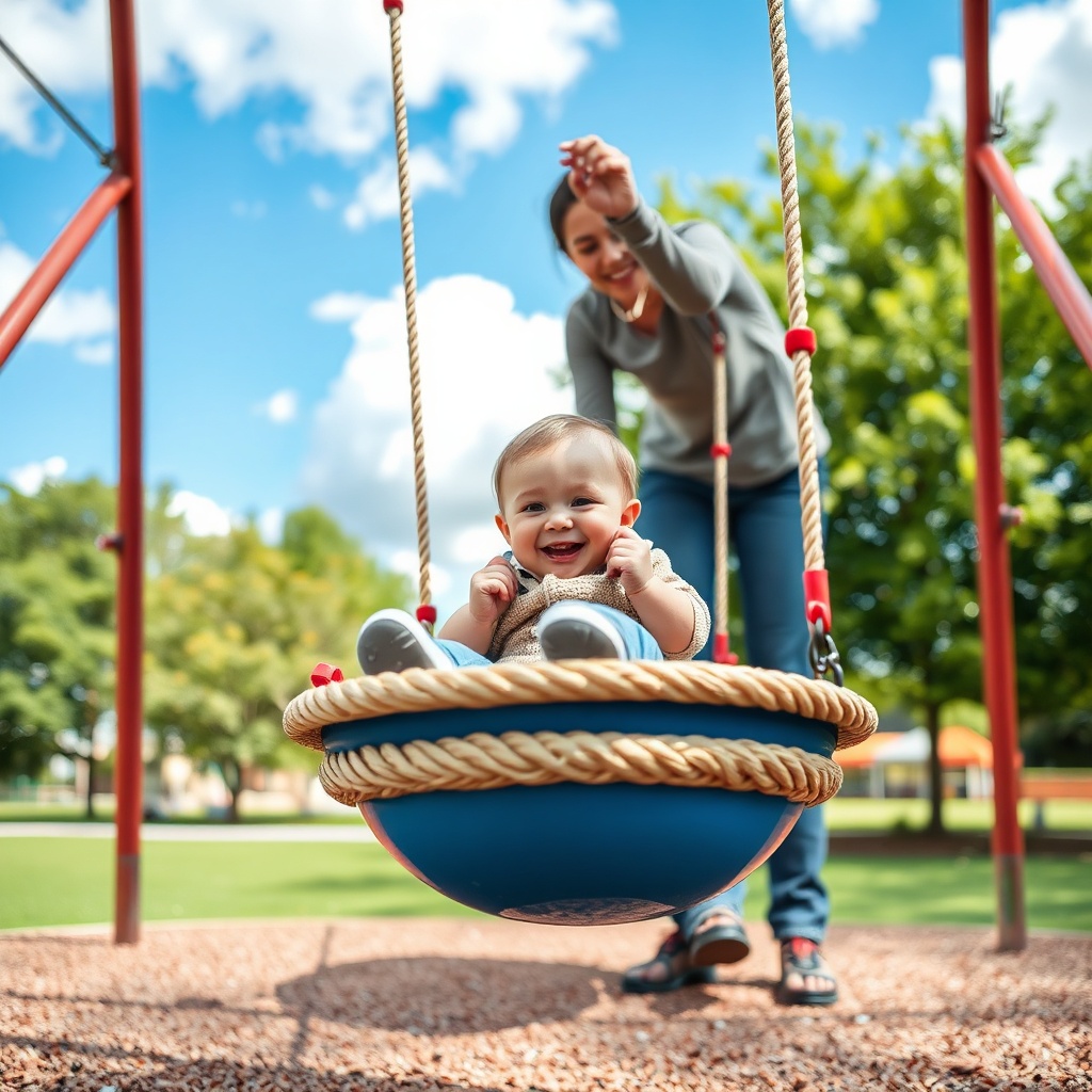 Balançoire enfant nid pour tout-petits, avec plateforme circulaire en corde et structure métallique, posée sur un sol amortissant dans un parc