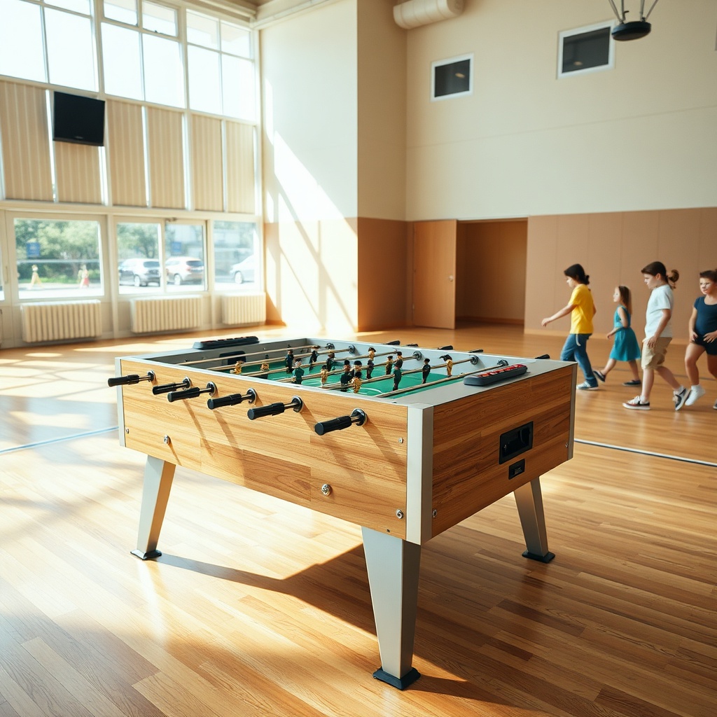 Meilleur Babyfoot Pour École : Comparatif 2026 Un meilleur babyfoot pour école installé dans une salle polyvalente scolaire, doté d’un châssis renforcé et de protections anti-chocs pour garantir la sécurité des élèves