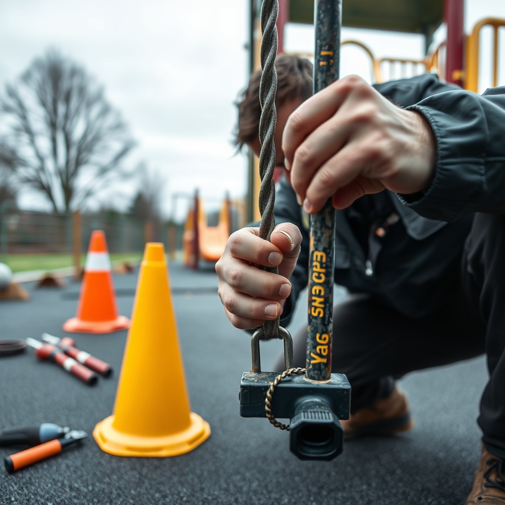 Inspection d'un équipement d'aire de jeux pour vérifier la conformité aux normes de sécurité, avec un sol amortissant.