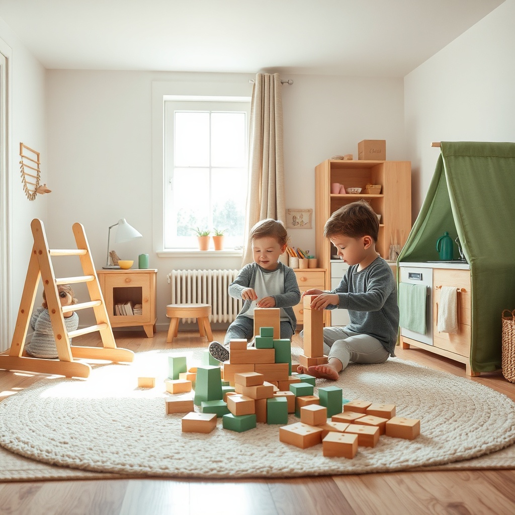 Coin de jeu intérieur compact regroupant un équipement de jeu enfants éducatif et récréatif, incluant des jeux de construction, une cabane d'imitation et des tapis modulables pour stimuler l'imagination dans un petit espace.