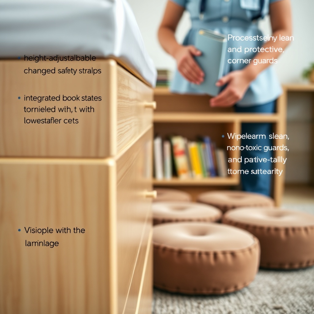 Détail de mobilier crèche professionnel avec table à langer sécurisée et sièges ajustables pour tout-petits, finitions sans formaldéhyde et matériaux résistants à l’usage intensif en milieu EAJE.