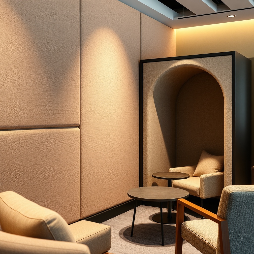 Mobilier de coworking moderne avec solutions acoustiques intégrées et matériaux durables recyclés dans un espace calme et confortable