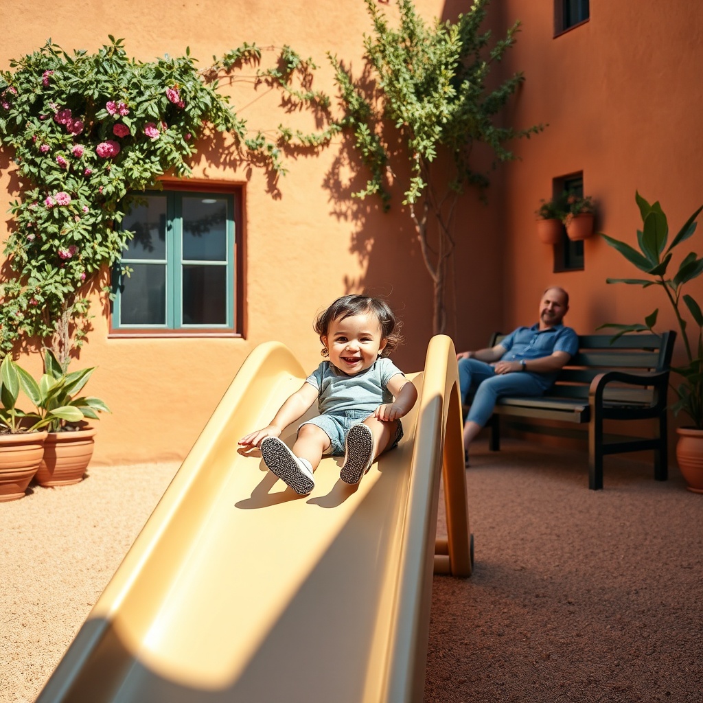 Un enfant utilisant en toute sécurité une glissade professionnelle installée dans une cour marocaine, démontrant comment la qualité de fabrication et les normes de sécurité déterminent le prix toboggan enfant maroc.