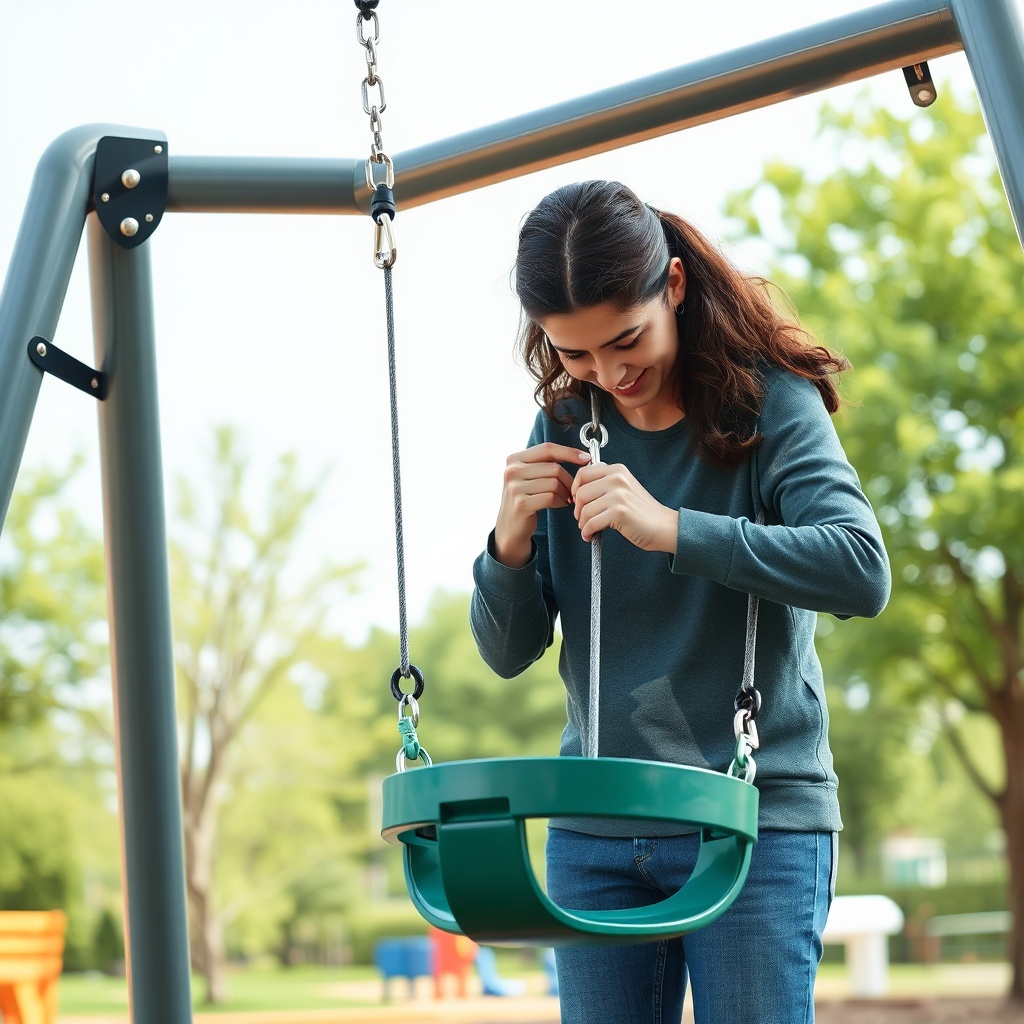 Adulte vérifiant la fixation et le harnais d'une balançoire enfant sur un portique mixte acier-bois, mettant en avant la sécurité, l'ancrage solide et les différents modèles disponibles pour chaque tranche d'âge.