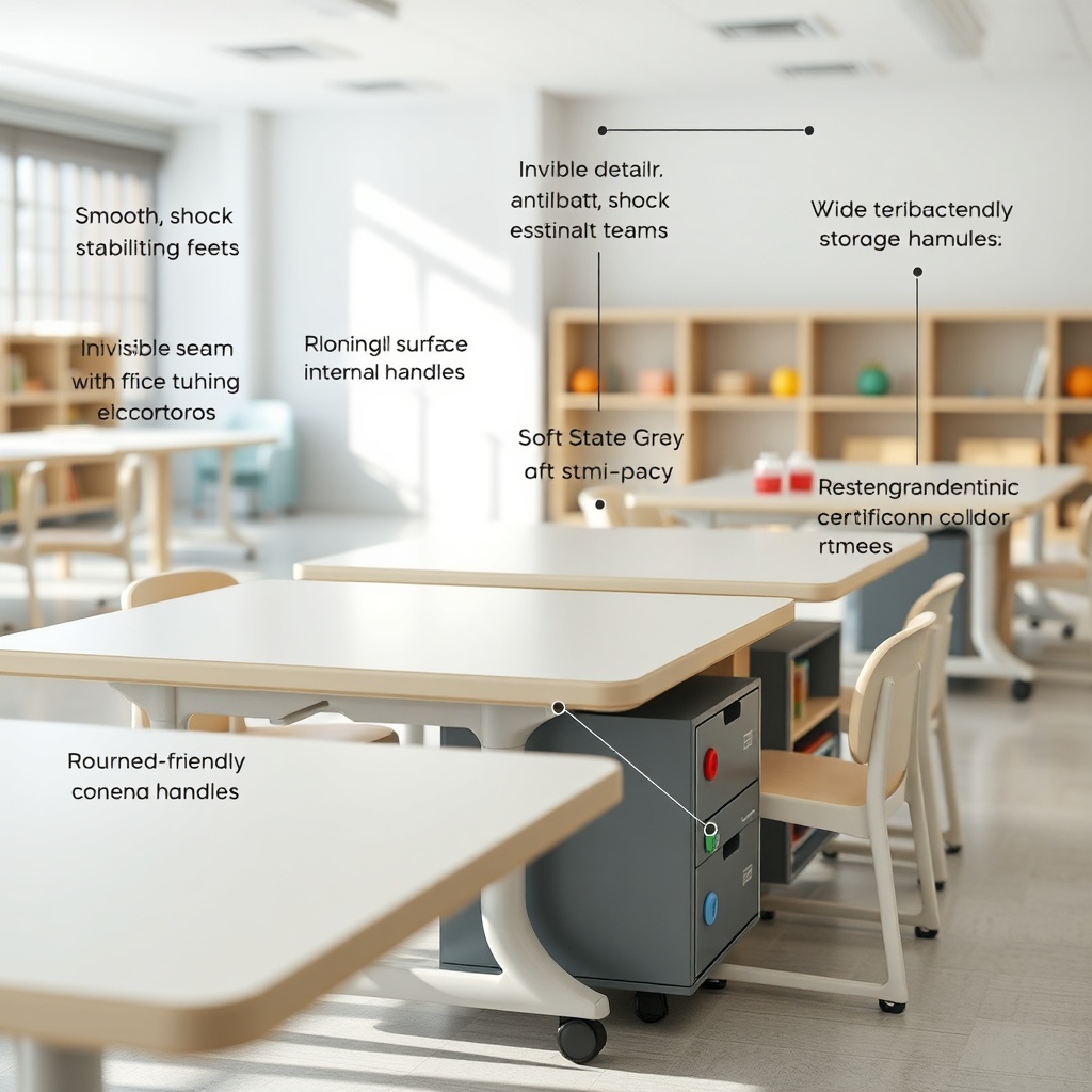 Gros plan technique sur du mobilier école maternelle en matériaux résistants aux chocs et aux surfaces lavables antibactériennes, conçu pour répondre aux exigences d'hygiène, de stabilité et de conformité sécuritaire de la petite enfance.