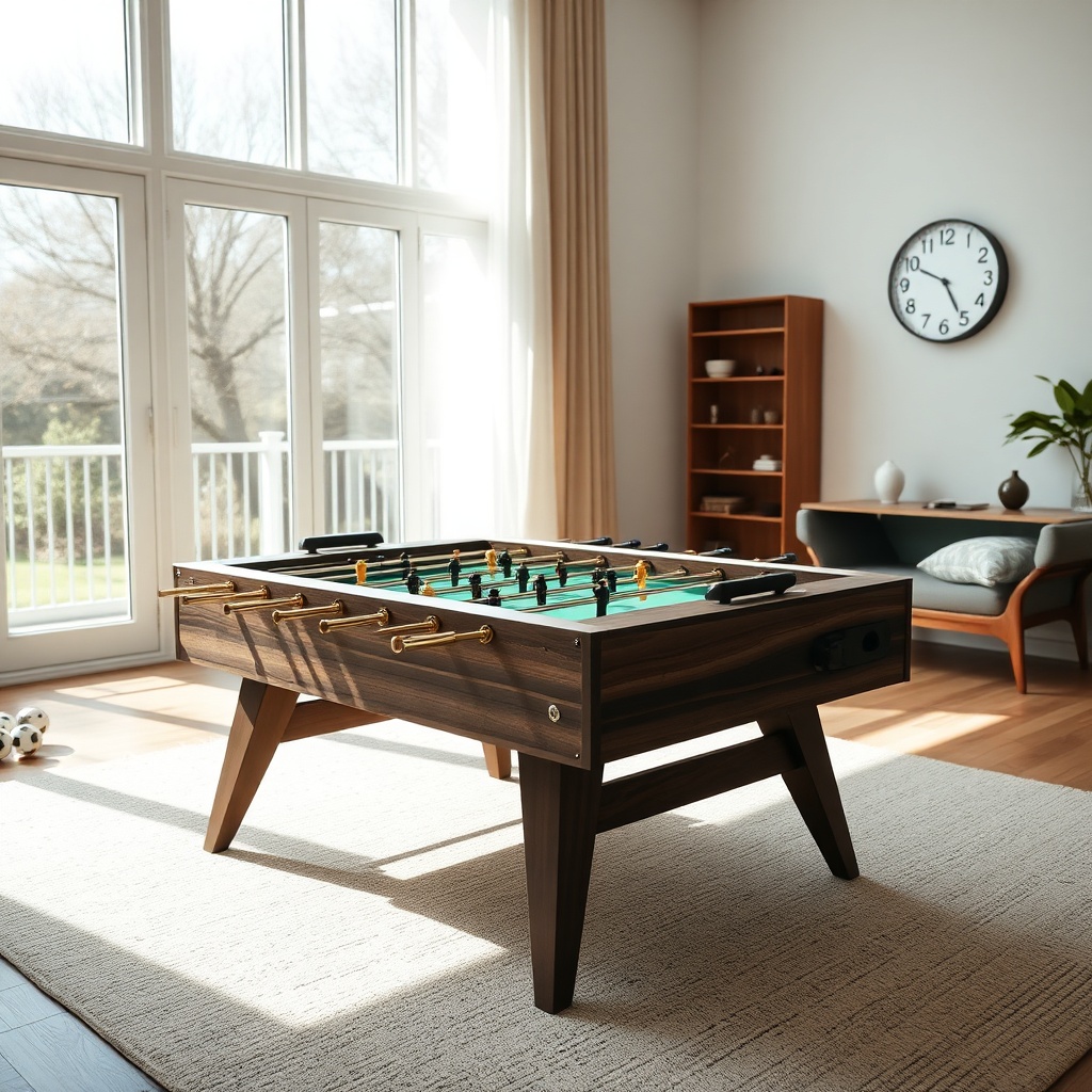 Vue d'ensemble d'un babyfoot haut de gamme au revêtement bois sombre et finitions dorées, disposé dans un coin jeu lumineux, parfait pour entretenir sa table de loisir en famille ou entre collègues.