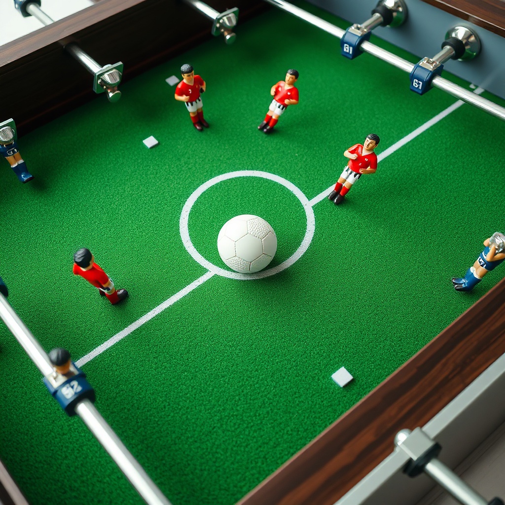 Gros plan détaillé sur les mécanismes et les figurines d'une table de babyfoot haut de gamme, idéal pour comprendre son fonctionnement technique et choisir le bon modèle.