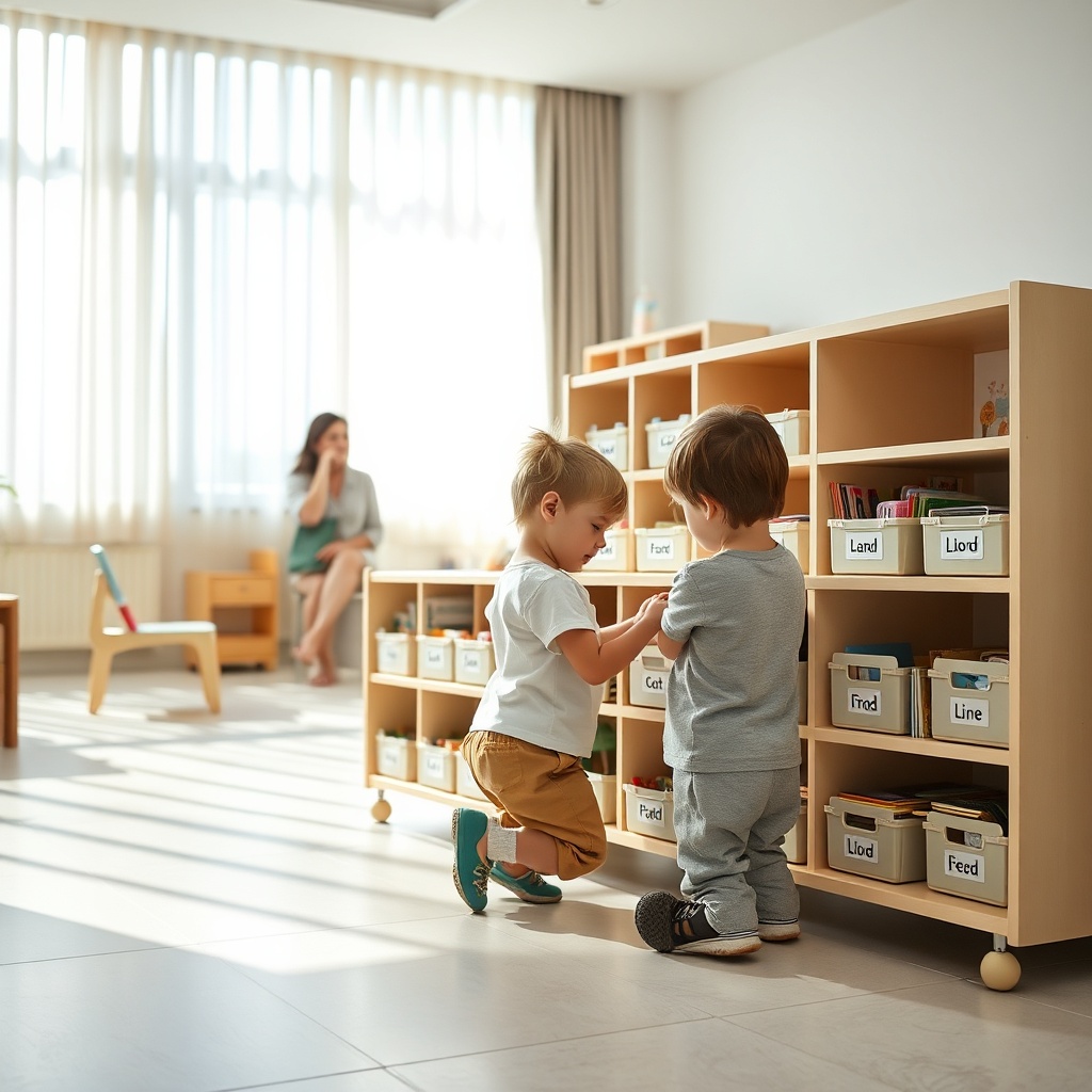 Aménagement classe maternelle sécurisé avec rangements accessibles et mobilier arrondi, favorisant la sécurité et l'autonomie des élèves de 2 à 6 ans.