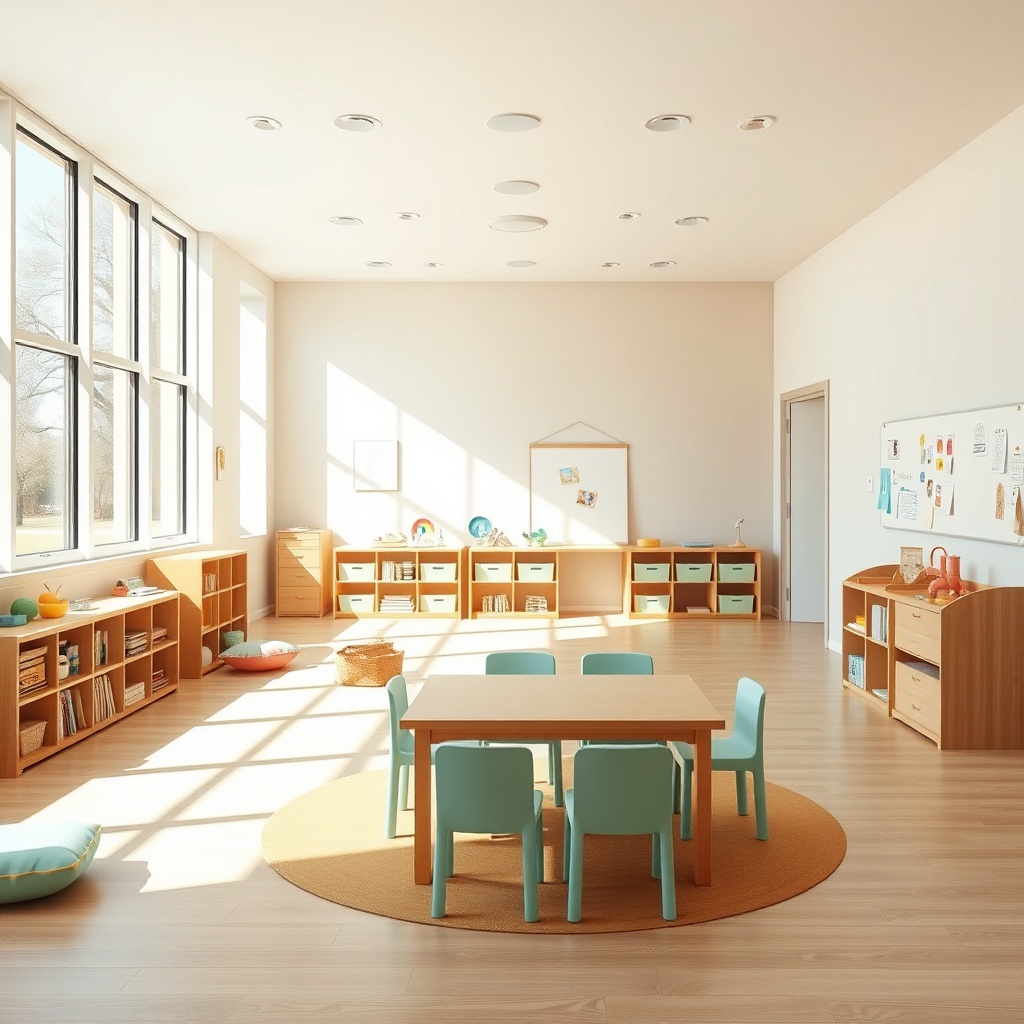 Aménager une classe maternelle : 3 principes essentiels Aménagement classe maternelle organisé en coins d’apprentissage délimités et accessibles, avec mobilier à hauteur d’enfant et circulations dégagées pour favoriser l’autonomie et la sécurité des jeunes enfants.