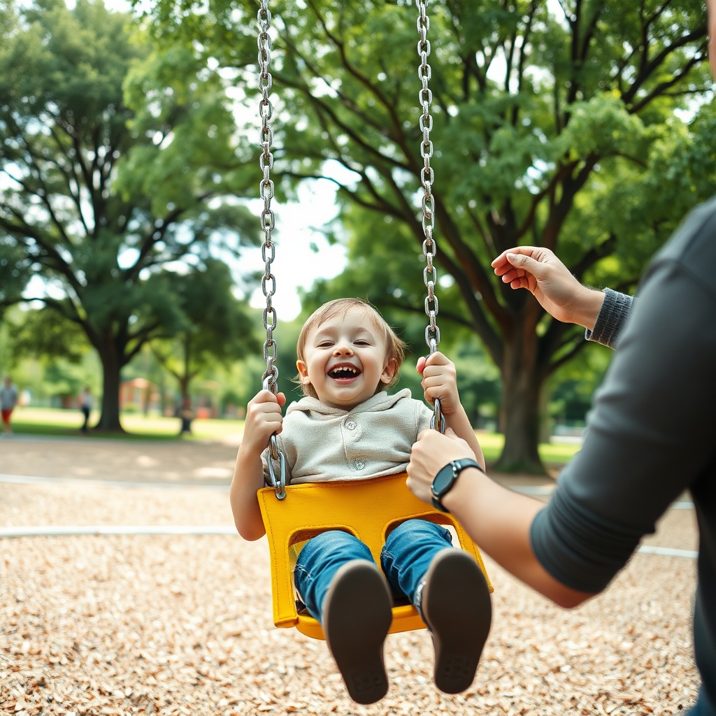 Une balancoire enfant avec chaînes galvanisées et siège en tissu utilisée par un enfant actif, pendant qu’un adulte effectue une vérification technique pour garantir la stabilité et la durabilité de l’équipement.