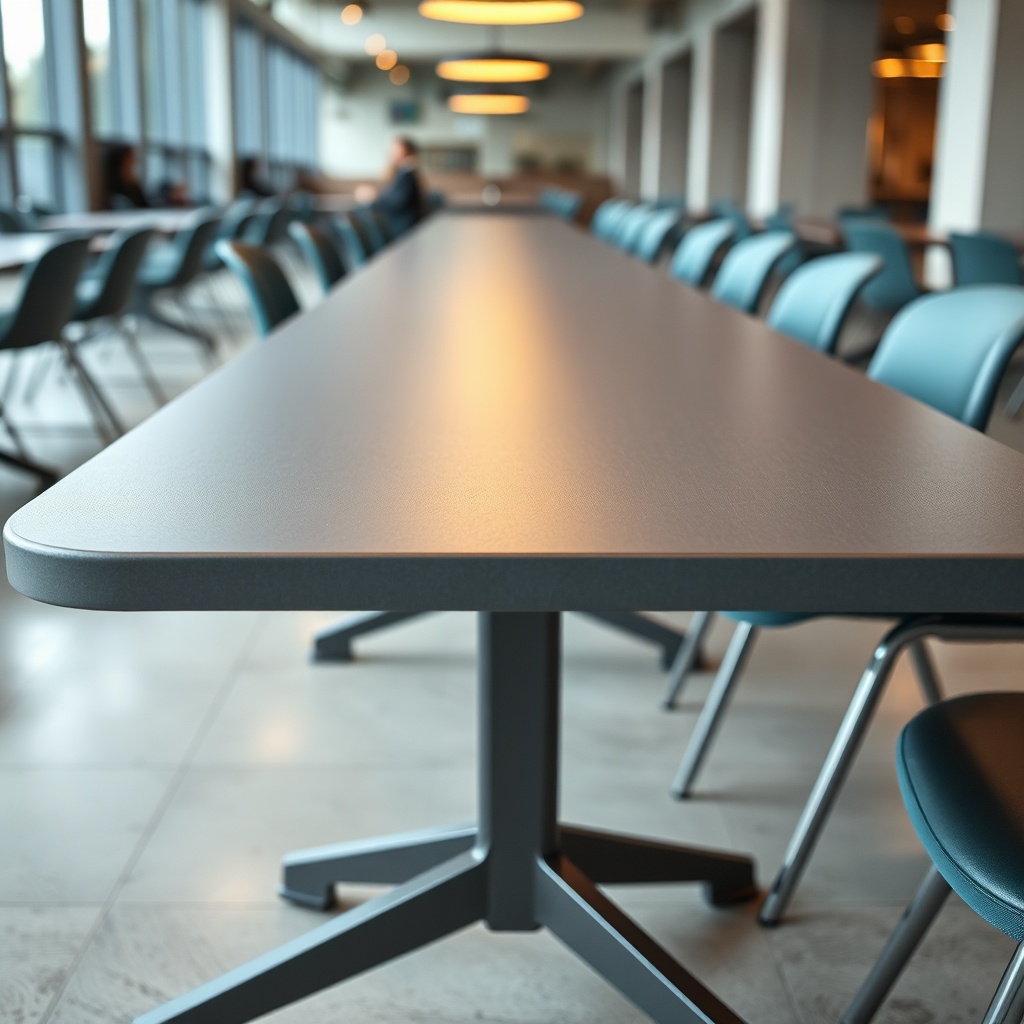 Gros plan sur une table cantine en stratifié haute résistance avec pieds métalliques ajustables, idéale pour les entreprises et établissements de santé.