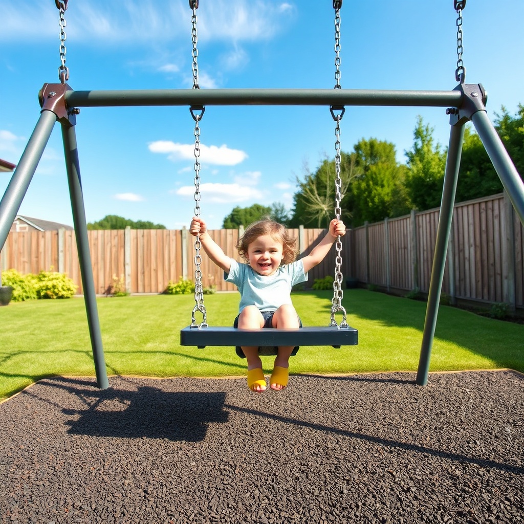 Installation sécurisée d'une balançoire enfant sur cadre acier galvanisé, avec revêtement de sol amortissant et distances de dégagement respectées pour un jeu durable.