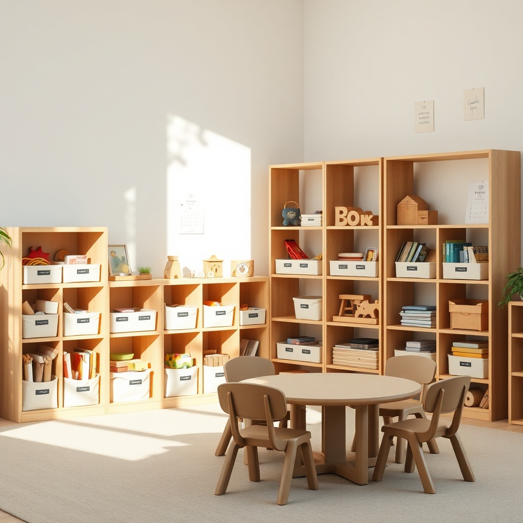 Aménager une classe maternelle : 3 principes essentiels Aménagement classe maternelle mettant en valeur le rangement accessible et le mobilier adapté aux jeunes enfants pour encourager l'ordre et l'initiative autonome.