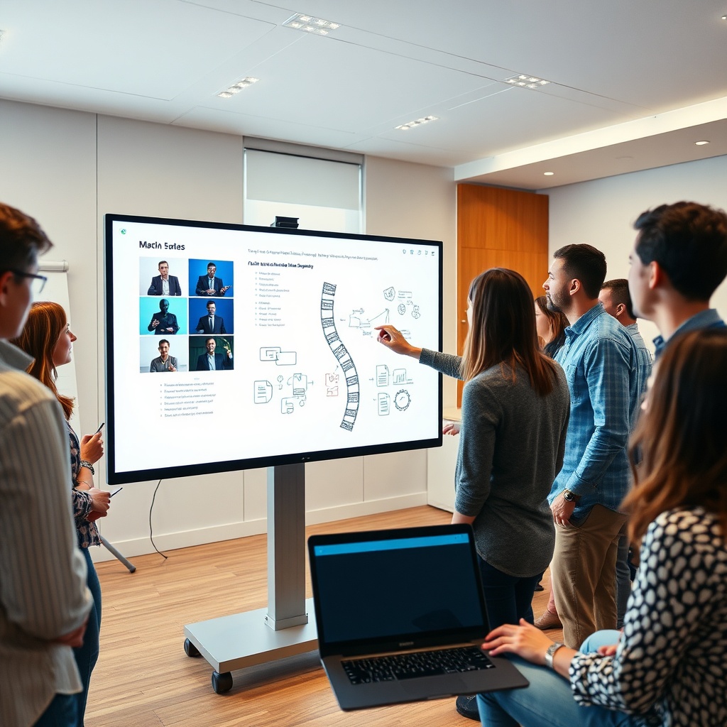 Apprenants interagissant simultanément avec un écran interactif grand format pour explorer des supports pédagogiques et utiliser des outils d'annotation intégrés.