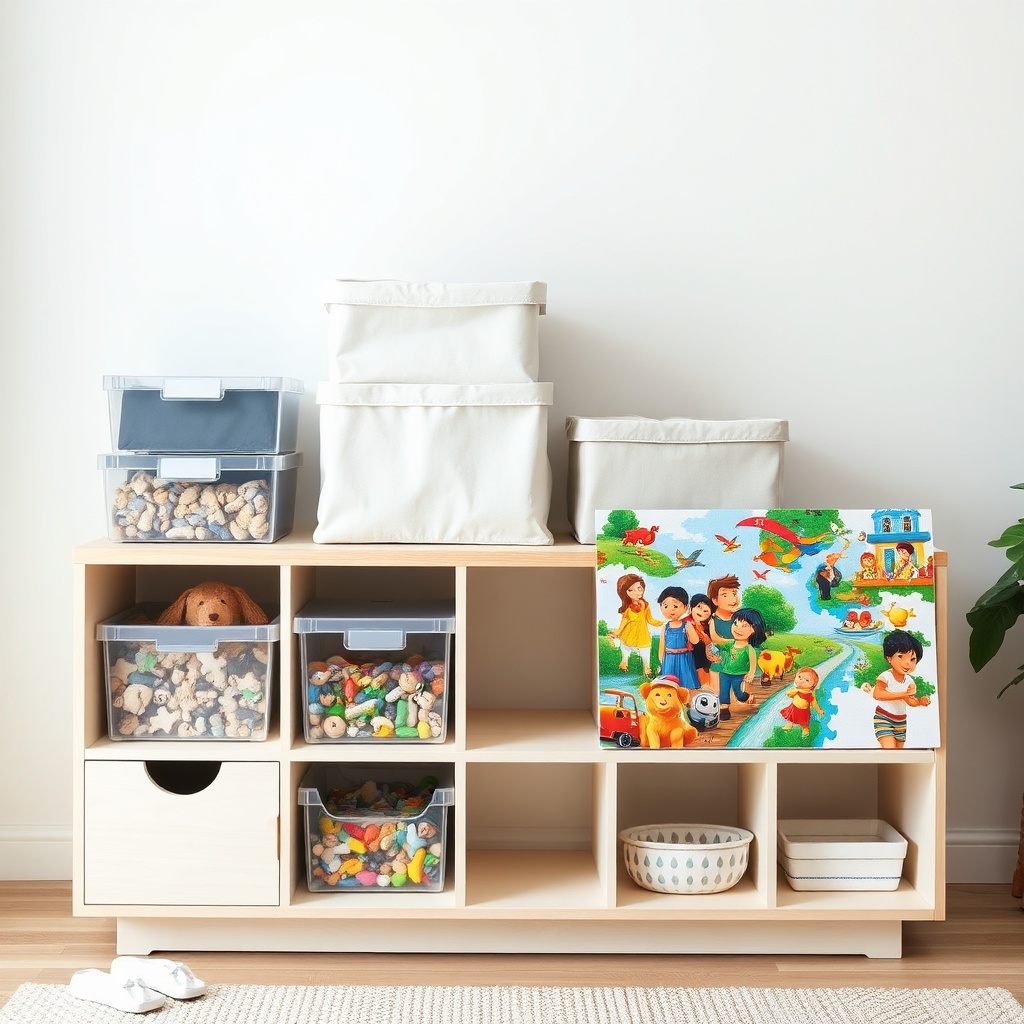 Collection de solutions de rangement puzzle enfant comprenant boîtes hermétiques, rouleaux de tissu et classeurs, idéales pour conserver les pièces et optimiser l'espace de jeu.