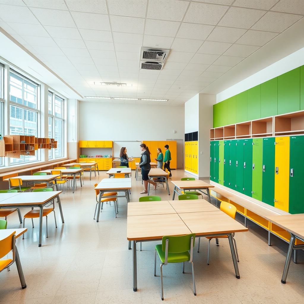 Aménagement scolaire complet présentant un mobilier scolaire fonctionnel et durable, incluant bureaux individuels, rangements sécurisés et bancs de lecture pour un espace éducatif accessible et polyvalent.