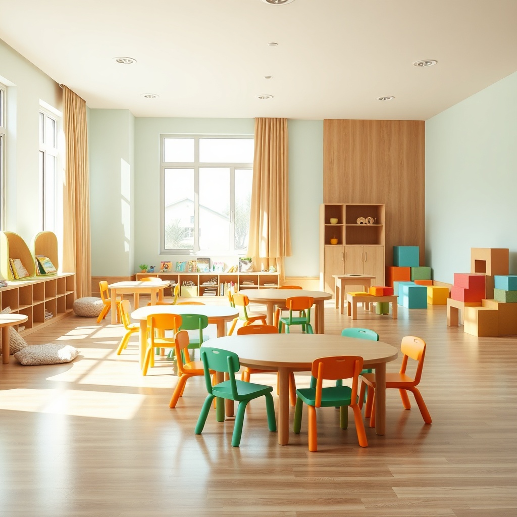 Mobilier école maternelle : 10 points à vérifier Salle de maternelle aménagée en zones d'activité avec du mobilier école maternelle sécurisé et adapté aux enfants de 3 à 6 ans, incluant tables basses, rangements accessibles et coins lecture.