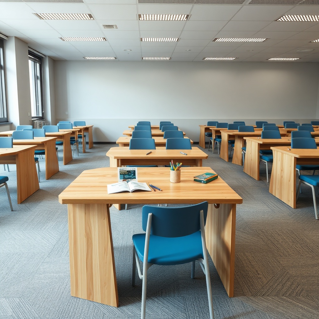 Bureau d'étudiant moderne avec plateau inclinable et assise ergonomique, illustrant un espace de travail scolaire structuré qui soutient l'autonomie et la concentration des élèves.