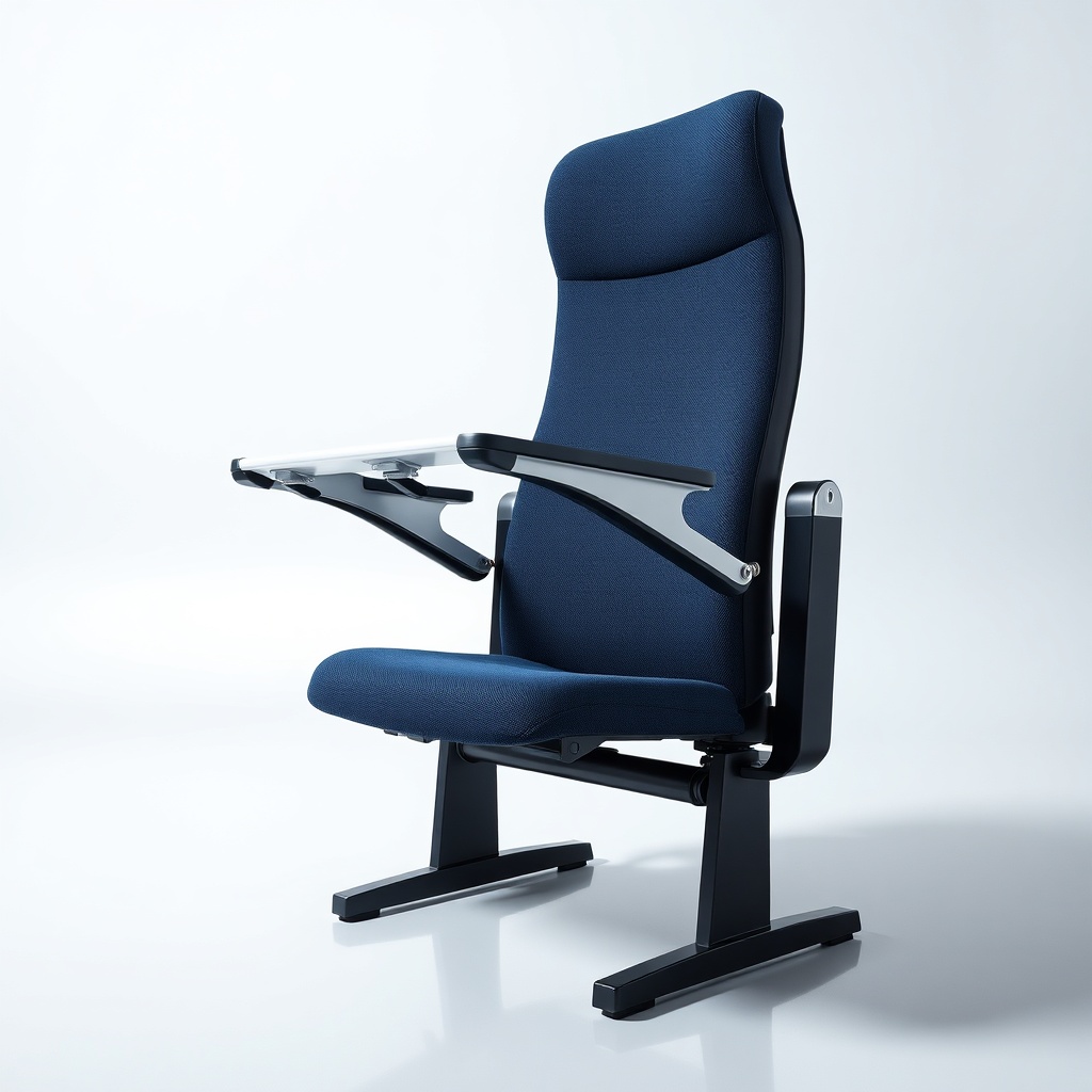 Détail d'une chaise auditorium avec dossier haut, assise rabattable et tablette escamotable, illustrant l'ergonomie et la durabilité des sièges pour salles de conférence.