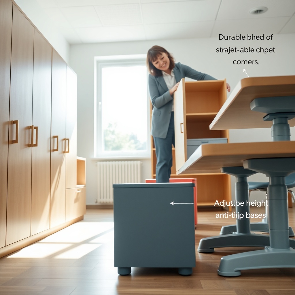 Mobilier école maternelle : 10 points à vérifier Détail de mobilier école maternelle évolutif et conforme aux normes de sécurité, avec angles arrondis, matériaux non toxiques et design ergonomique pour les classes de jeunes enfants.