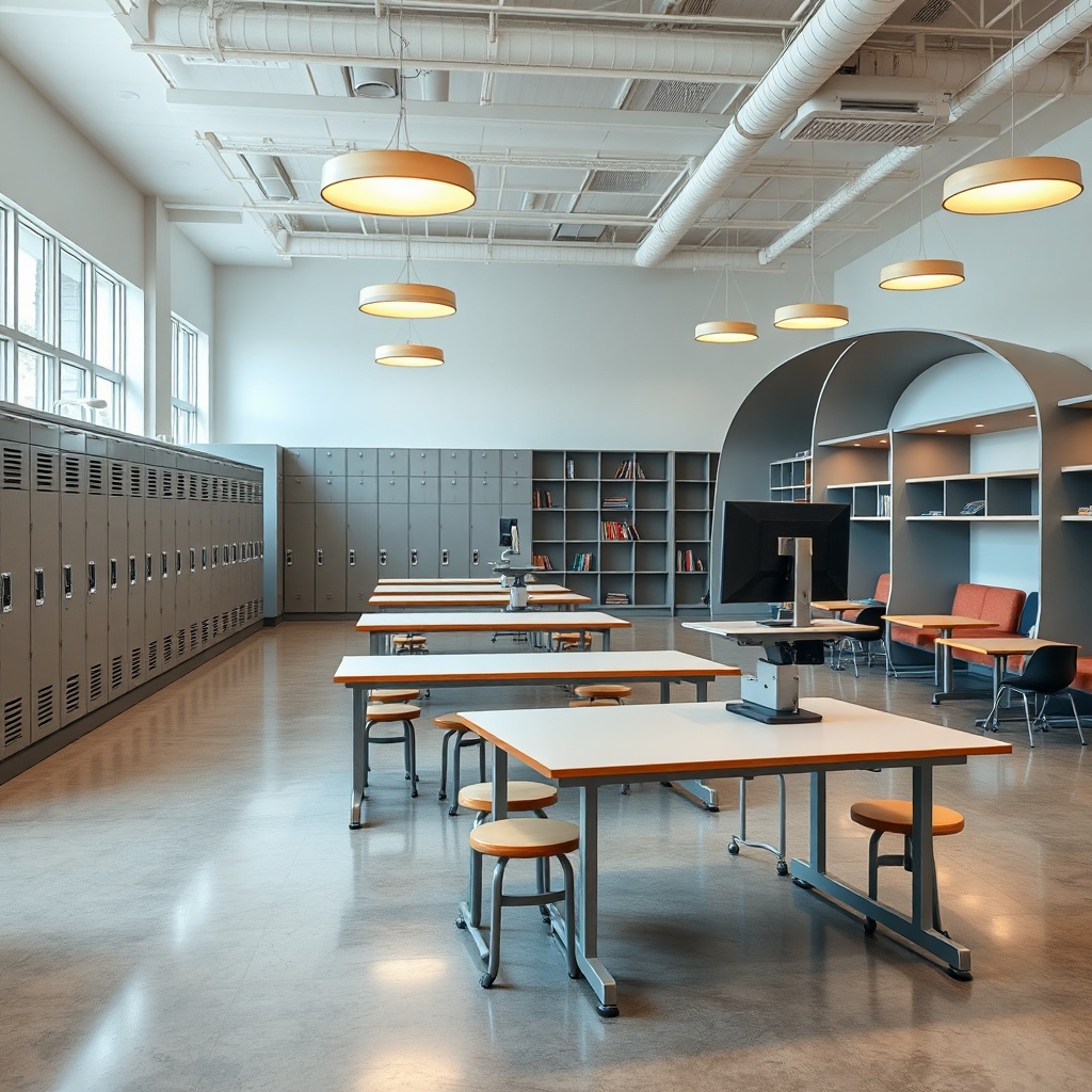Espace éducatif organisé illustrant un mobilier scolaire durable et sécurisé, intégrant des pupitres ajustables, des casiers robustes et des étagères de stockage pour optimiser la vie scolaire et l'autonomie des élèves.