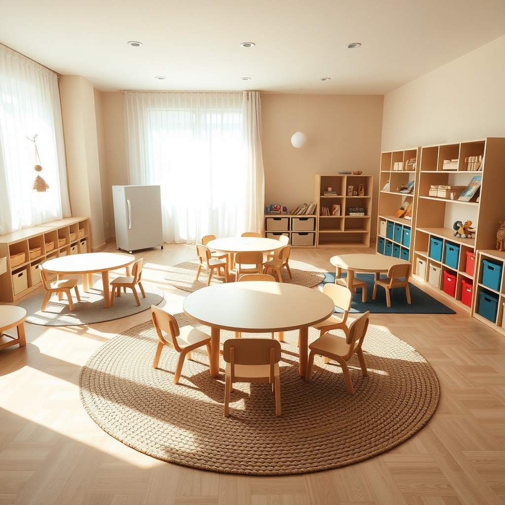 Organisation pédagogique d'une classe maternelle privilégiant la flexibilité du mobilier et les parcours sécurisés pour accompagner les apprentissages.