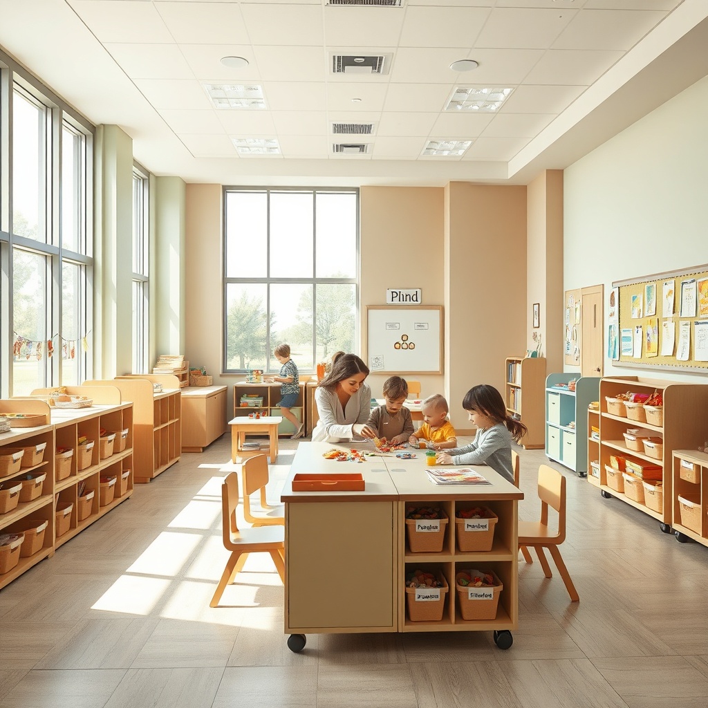 Comment aménager une classe maternelle ? Aménagement classe maternelle évolutif intégrant mobilier modulable et rangements accessibles pour soutenir la sécurité et l'exploration en classe.