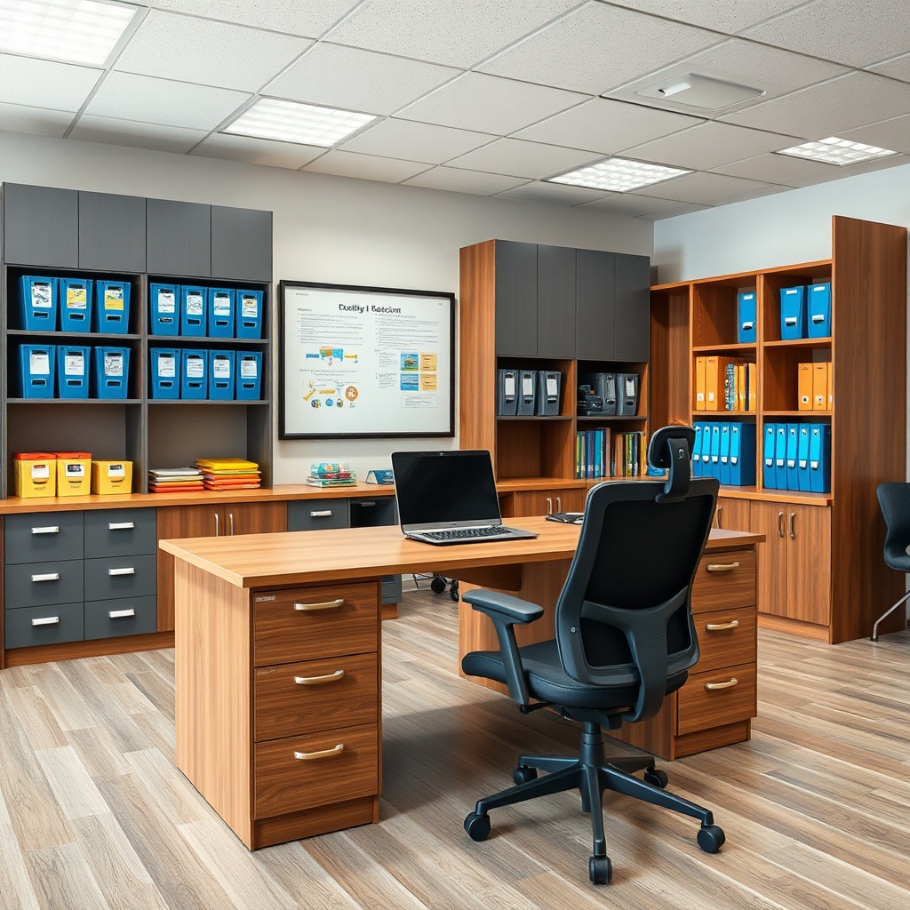 Durable and practical mobilier scolaire setup featuring an ergonomic teacher desk, secure storage cabinets, and modular shelving designed for efficient classroom management and long-term use.